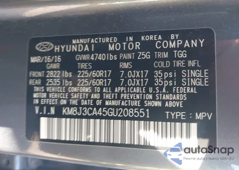 2016 Hyundai Tucson Se z USA, uszkodzony, nr VIN KM8J3CA45GU208551